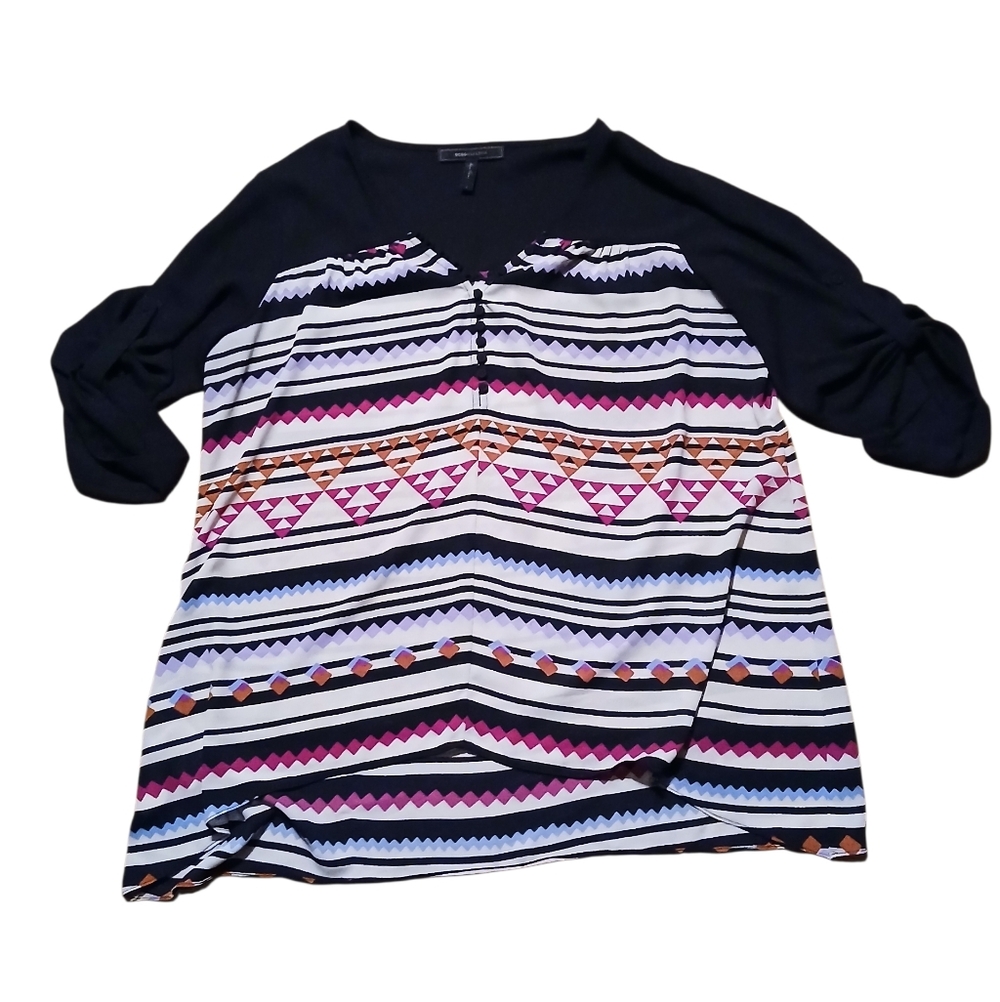 BCBGMaxAzria Women's Size Large Black and Multicolor Geometric Blouse